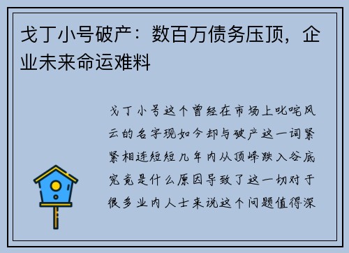 戈丁小号破产：数百万债务压顶，企业未来命运难料